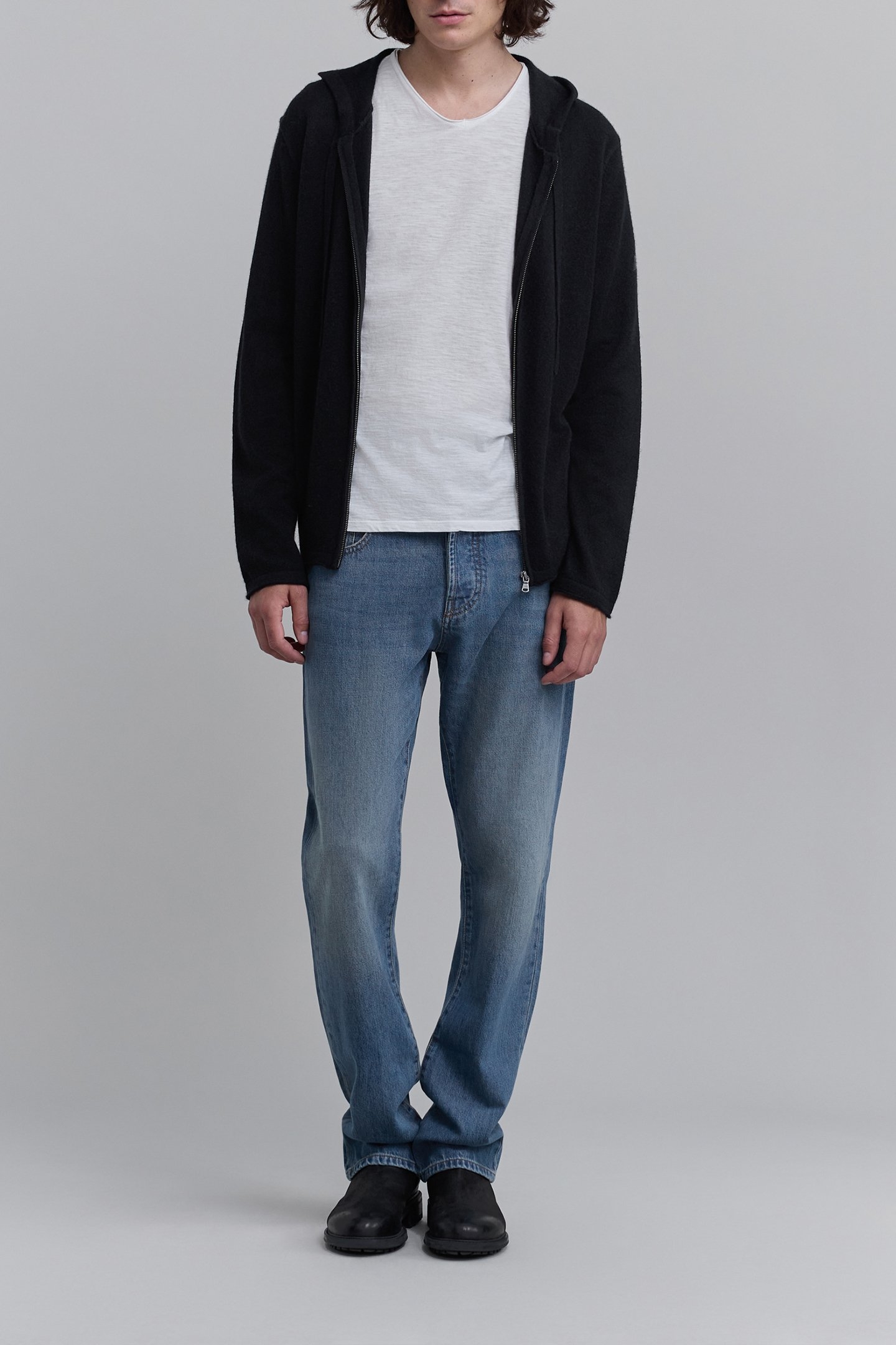 BLACK PURE CASHMERE ZIPPED HOODED CARDIGAN 3