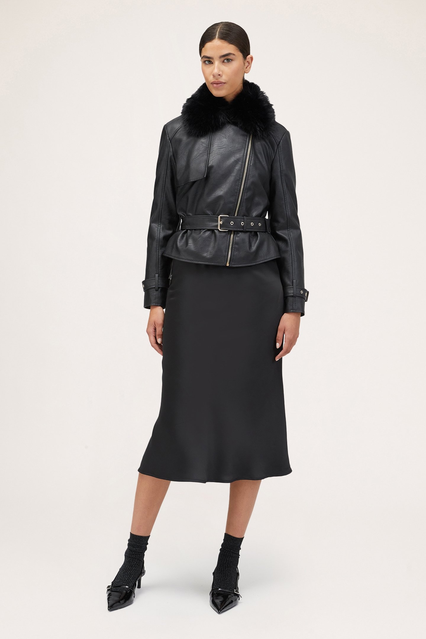 COATED FABRIC BIKER’S JACKET WITH PLUSH COWL BLACK 3