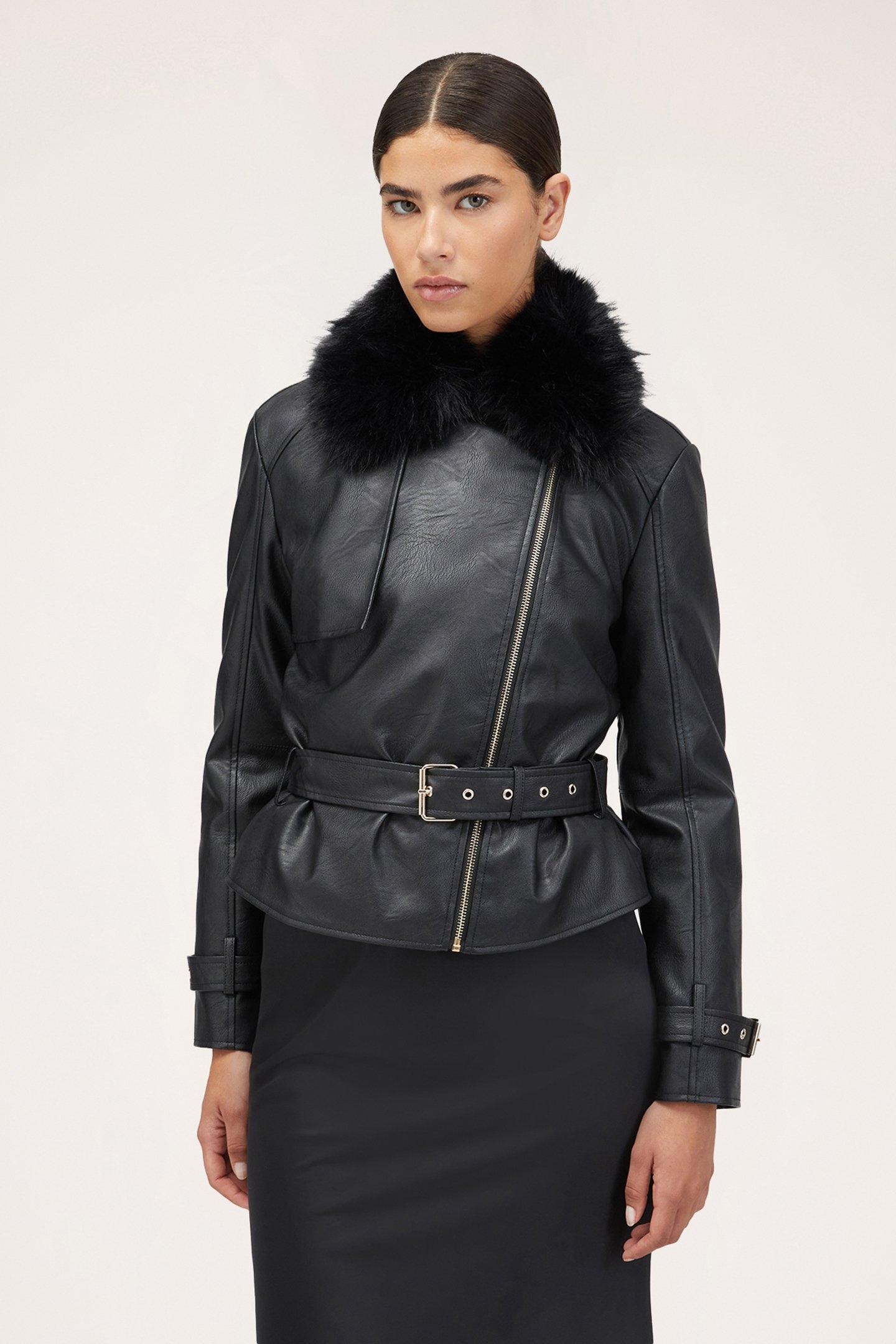 COATED FABRIC BIKER’S JACKET WITH PLUSH COWL BLACK 1