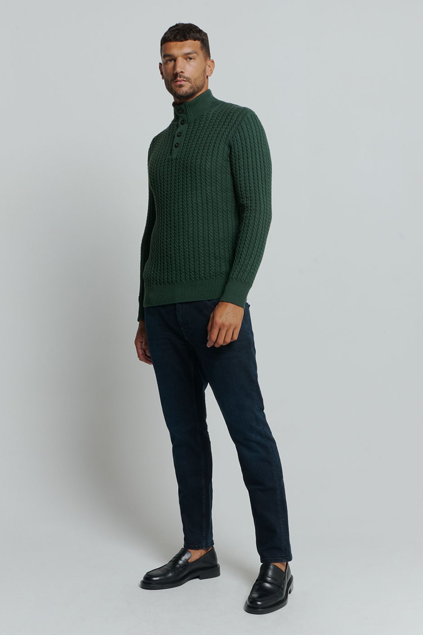 PULLOVER HALF ZIPPER AND BUTTON SOLID JACQUARD DARK GREEN 3