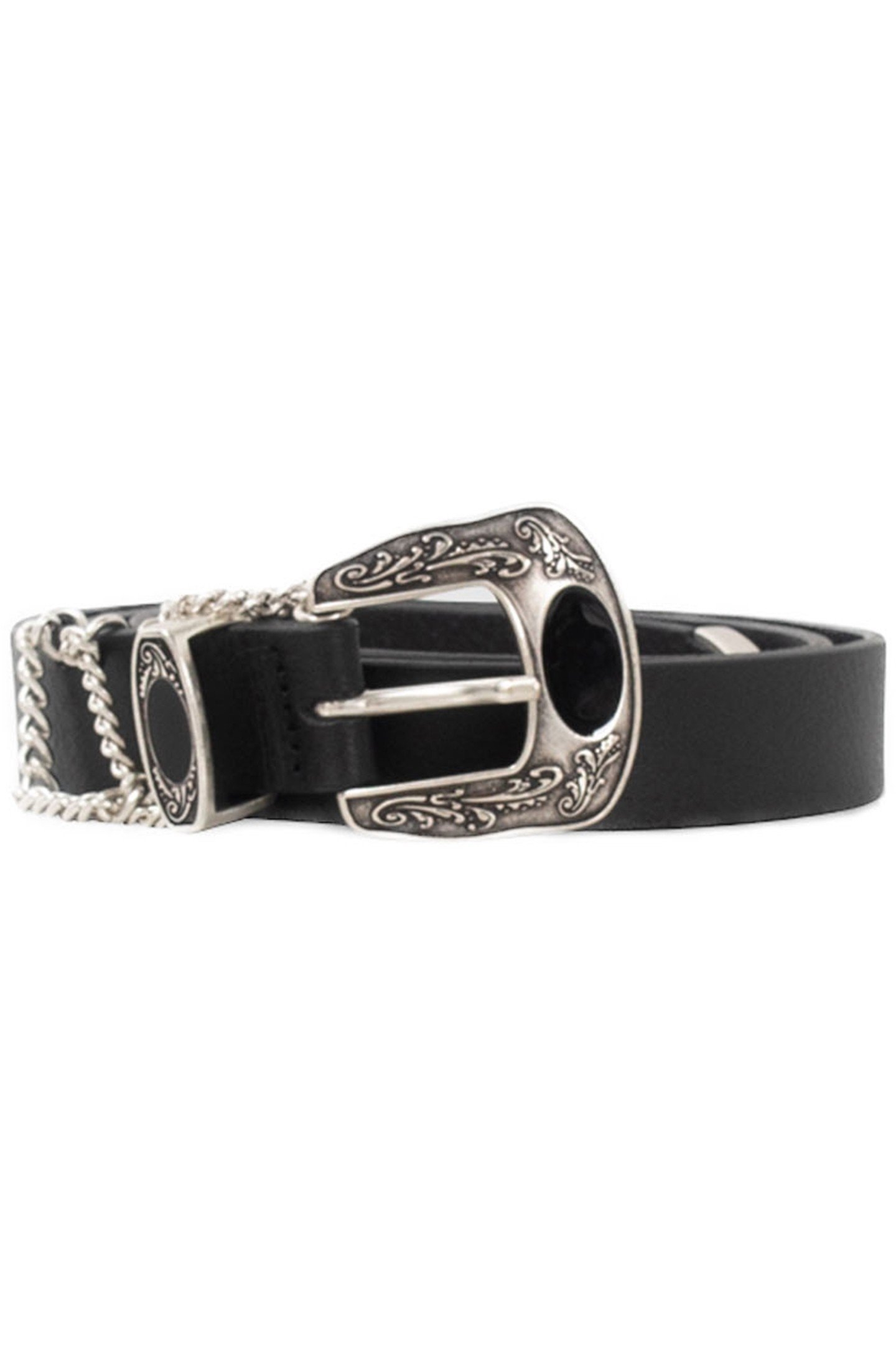 BLACK LEATHER BELT WITH ENGRAVED BUCKLE AND CHAINS BLACK 3
