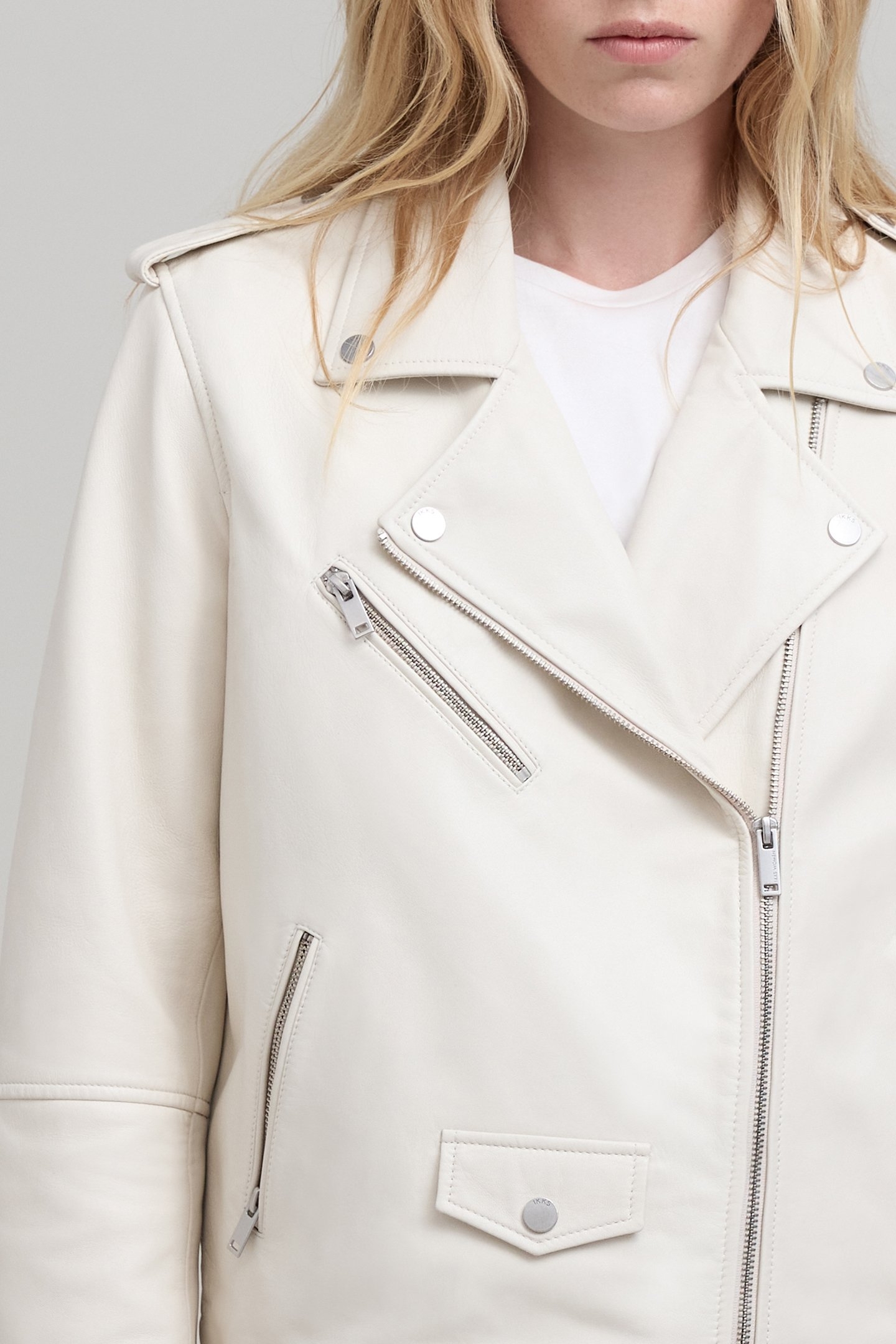 ECRU LEATHER BIKER JACKET WITH ZIPPED POCKETS OFF-WHITE 5