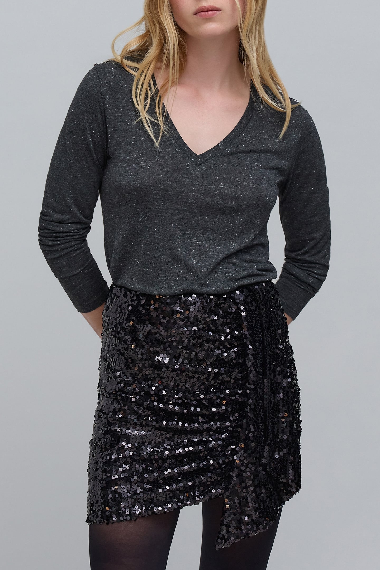 GREY LUREX MESH TEE-SHIRT WITH CURB CHAIN DESIGN GREY 1