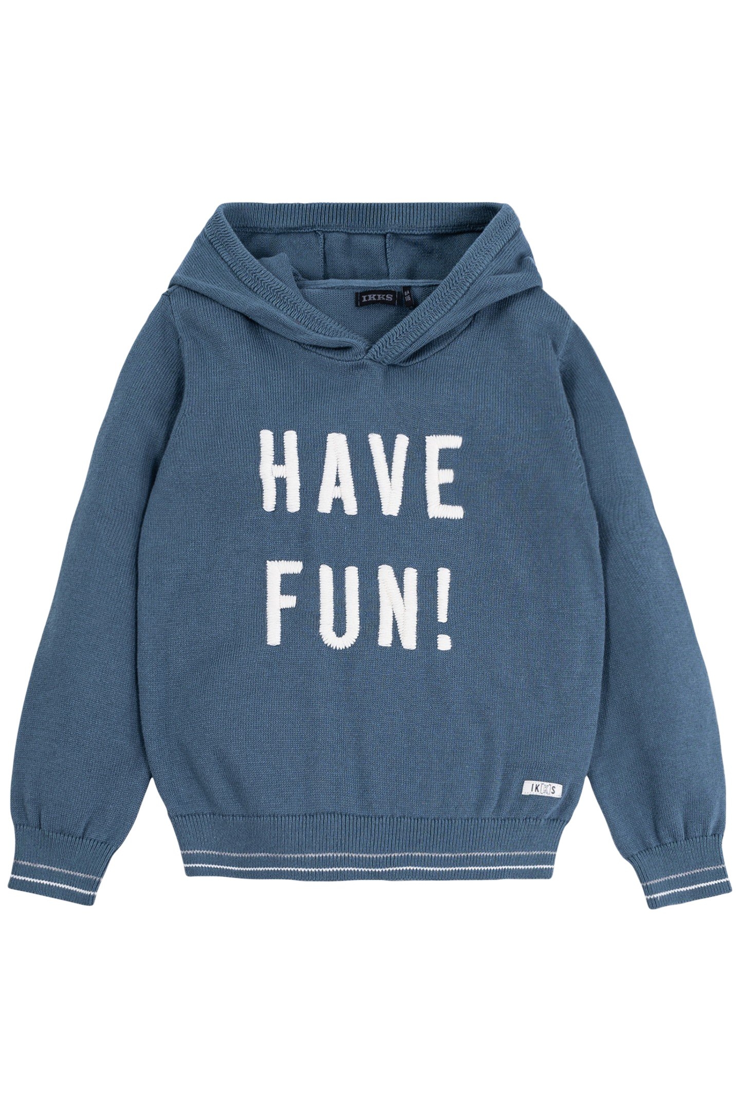BOY'S BLUE KNITTED HOODIE WITH EMBROIDERED MESSAGE 1