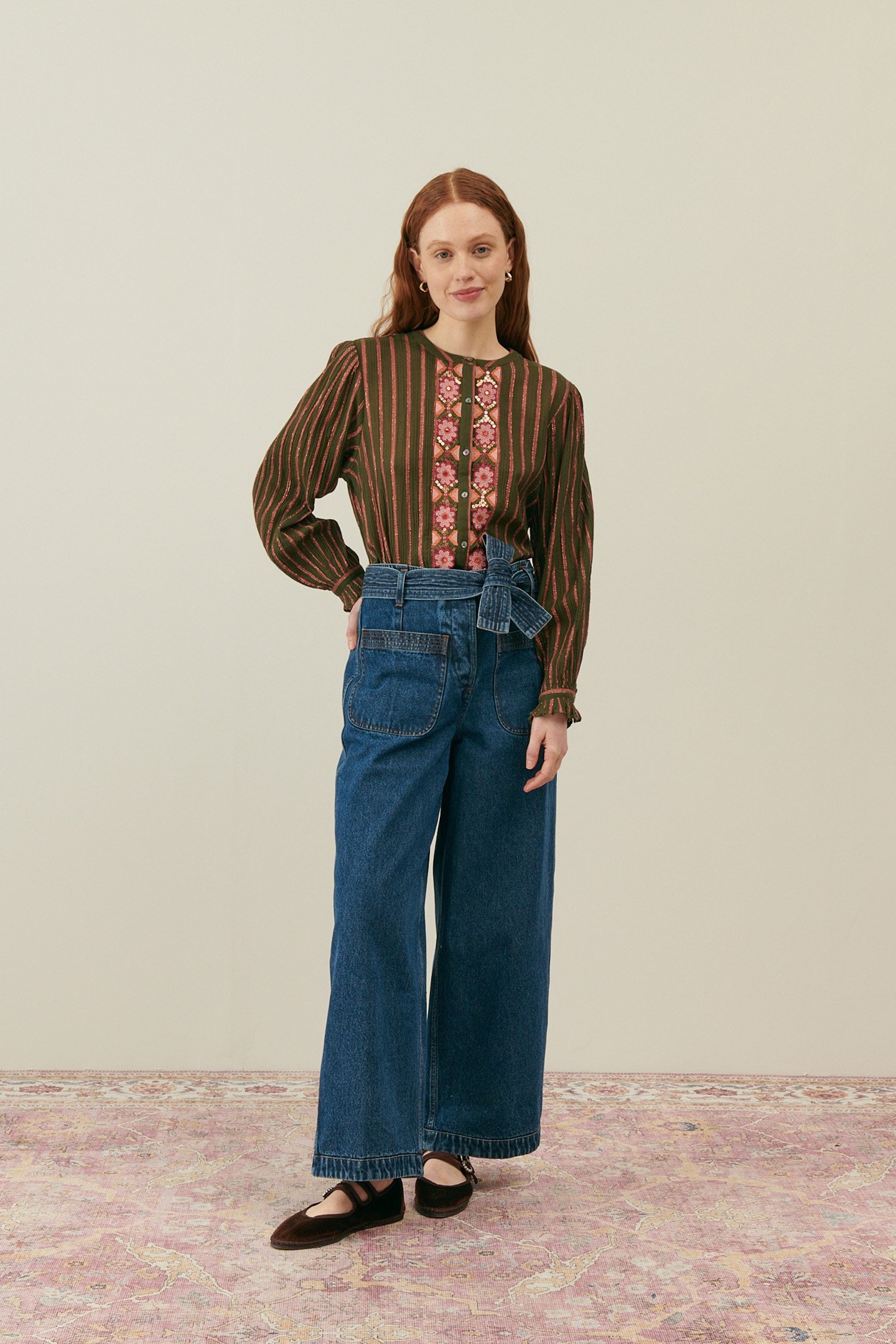 BLOUSE JEANNIA KHAKI COPPER STRIPES 1