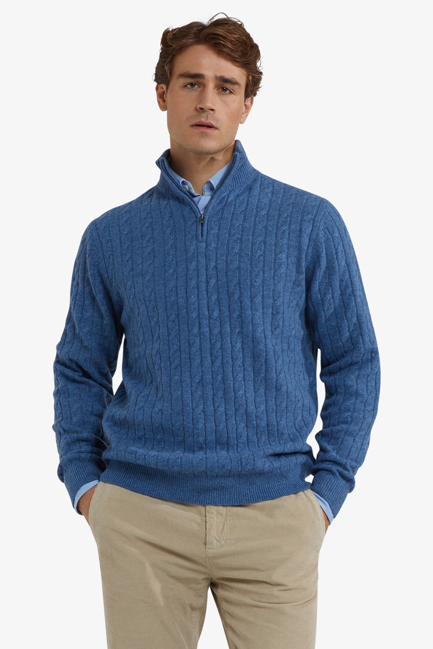 CABLE ZIP MOCK SWEATER WORKER BLUE 1