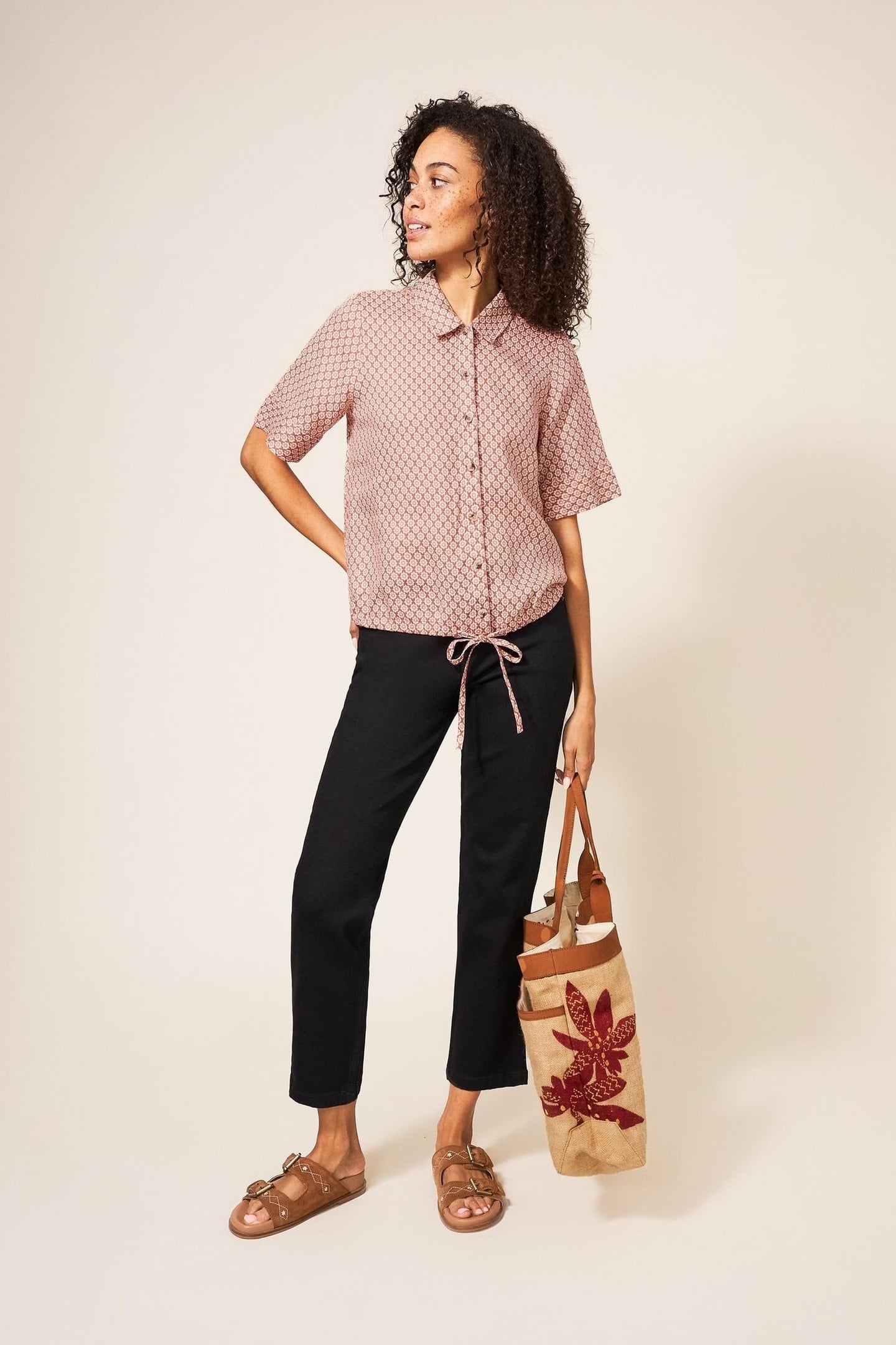 LILY TIE HEM LINEN SHIRT RED MULTI 1