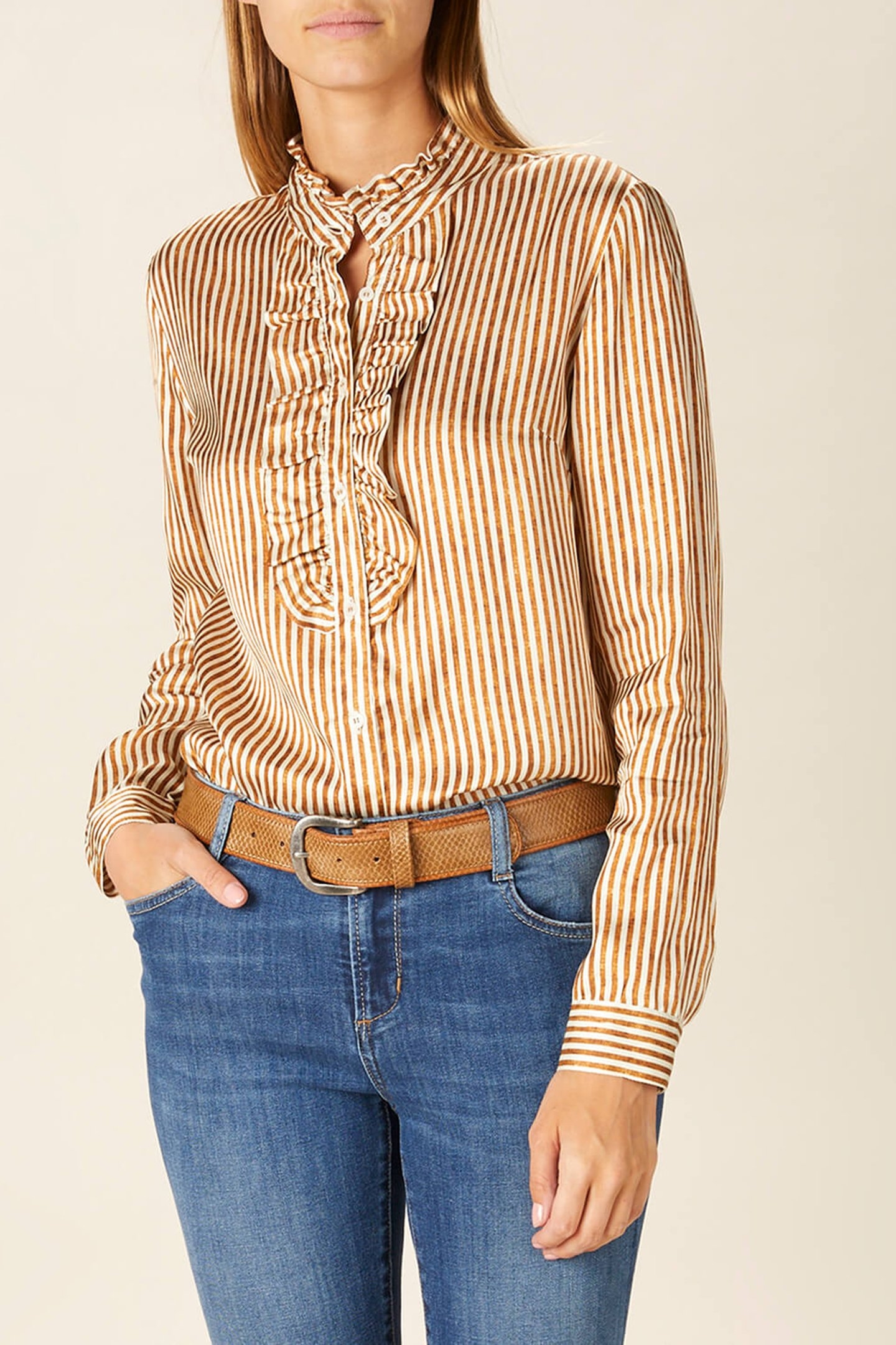 SHIRT WITH RUFFLE FRONT IN BROWN 1