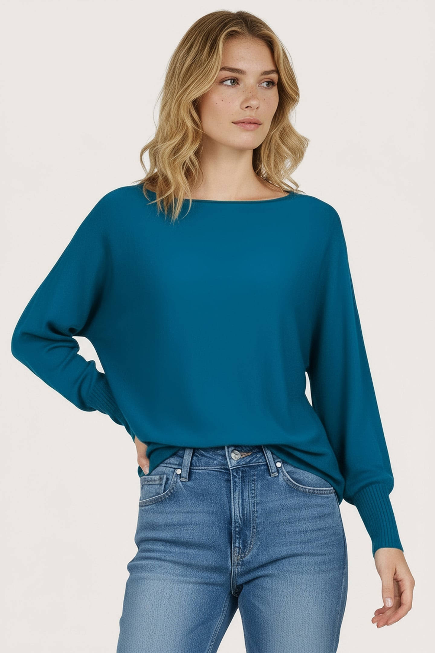 SWEATER BATWING BUTTONED CUFF PETROL 1