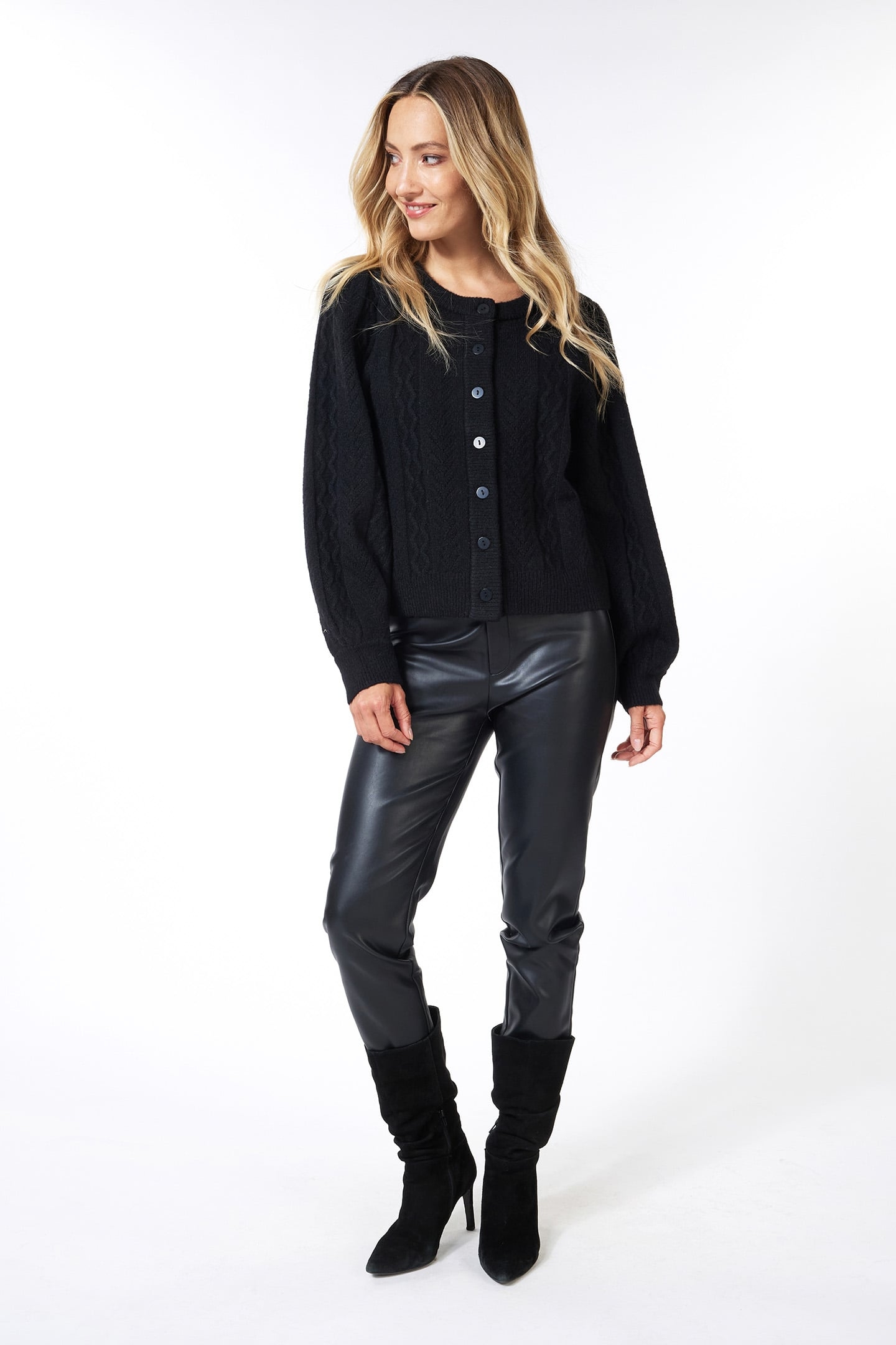 CARDIGAN PUFF SLVE CABLE & AJOUR BLACK 2