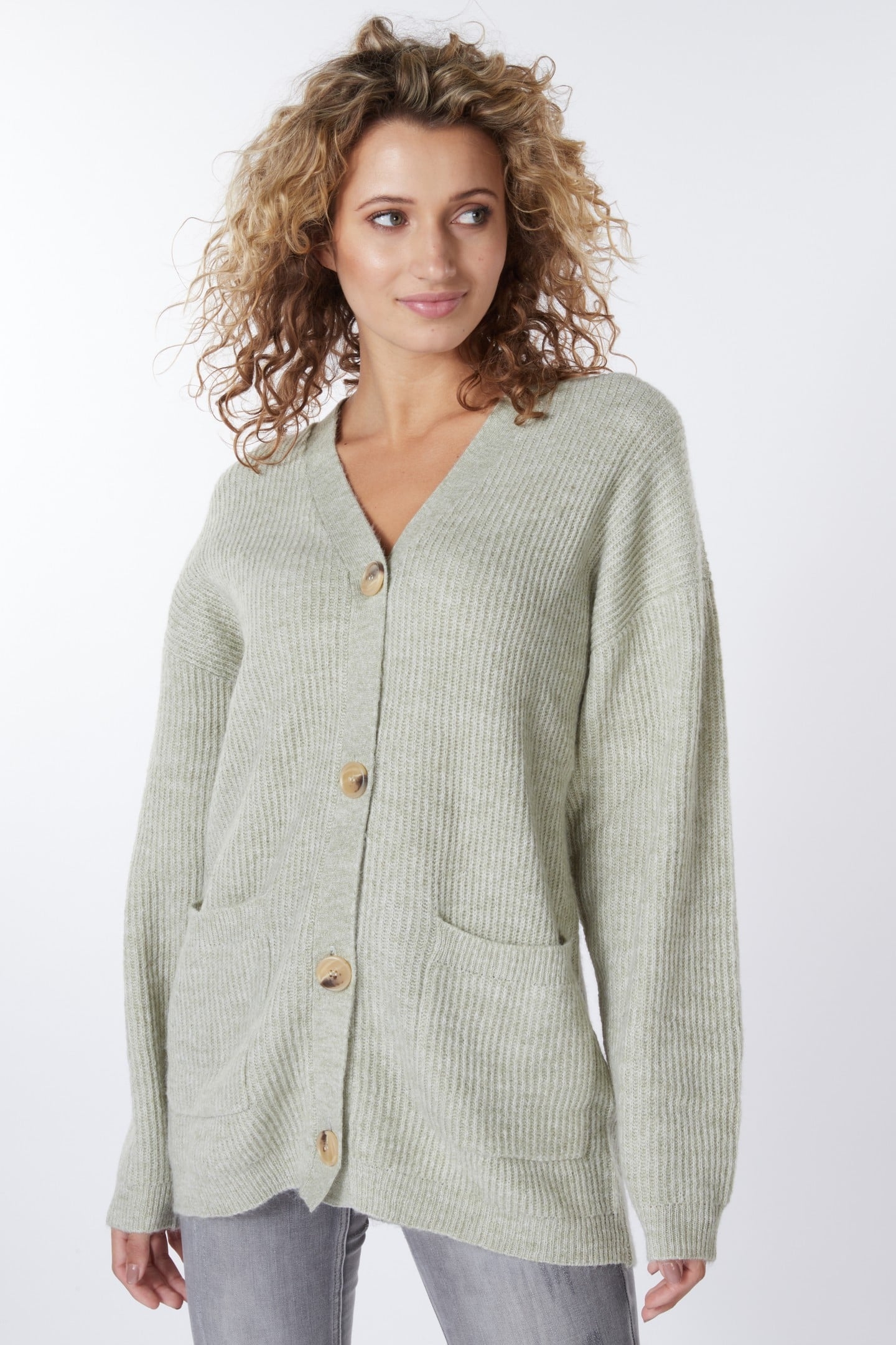 CARDIGAN MELANGE POCKETS LIGHT GREEN 1