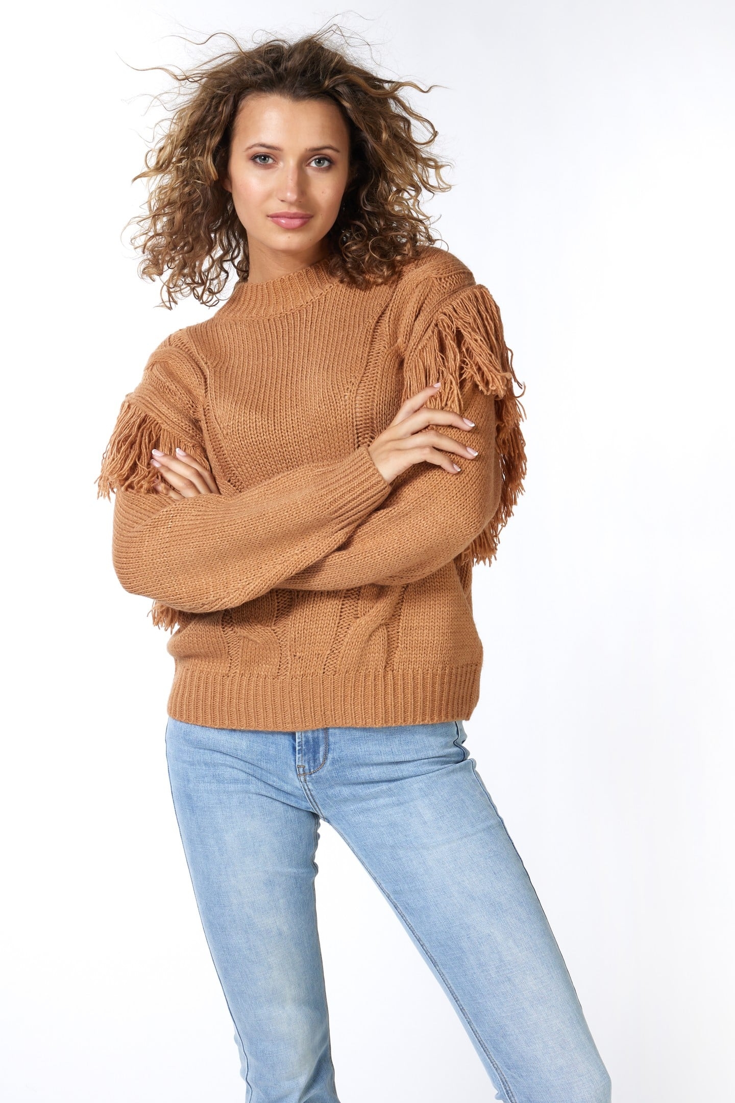 SWEATER CABLE & FRINGES CAMEL 2