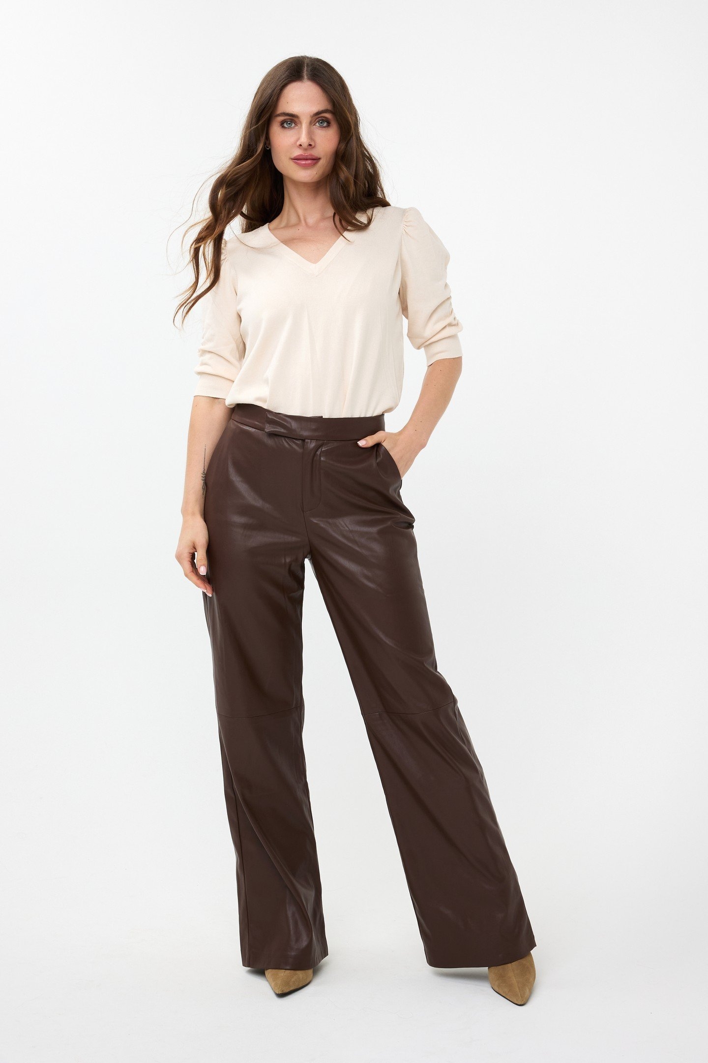 TROUSERS WIDE VEGAN LEATHER CHOCOLATE 6