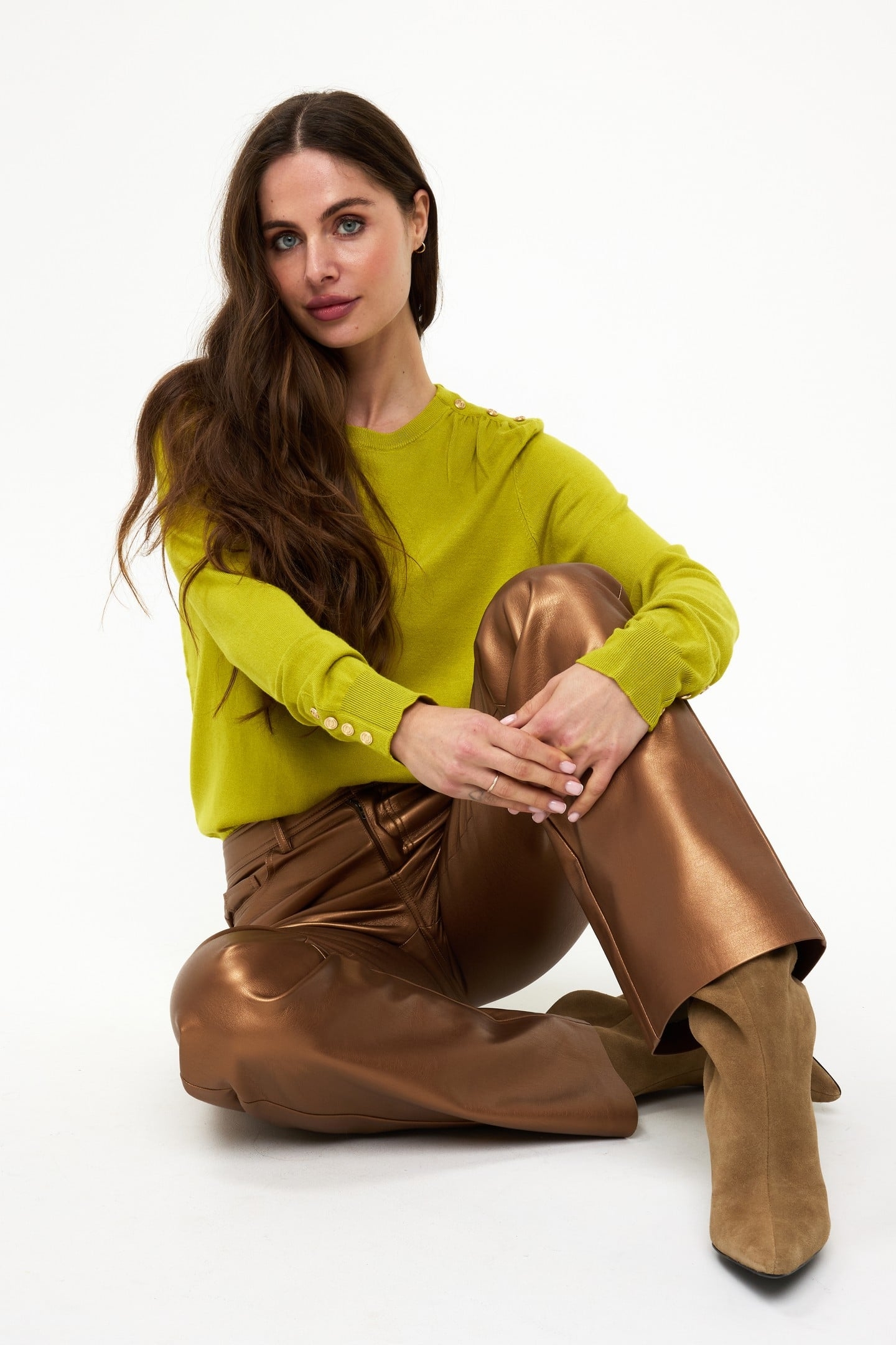 SWEATER GATHERING BUTTON DETAILS BASIC KNIT MATCHA GREEN 3