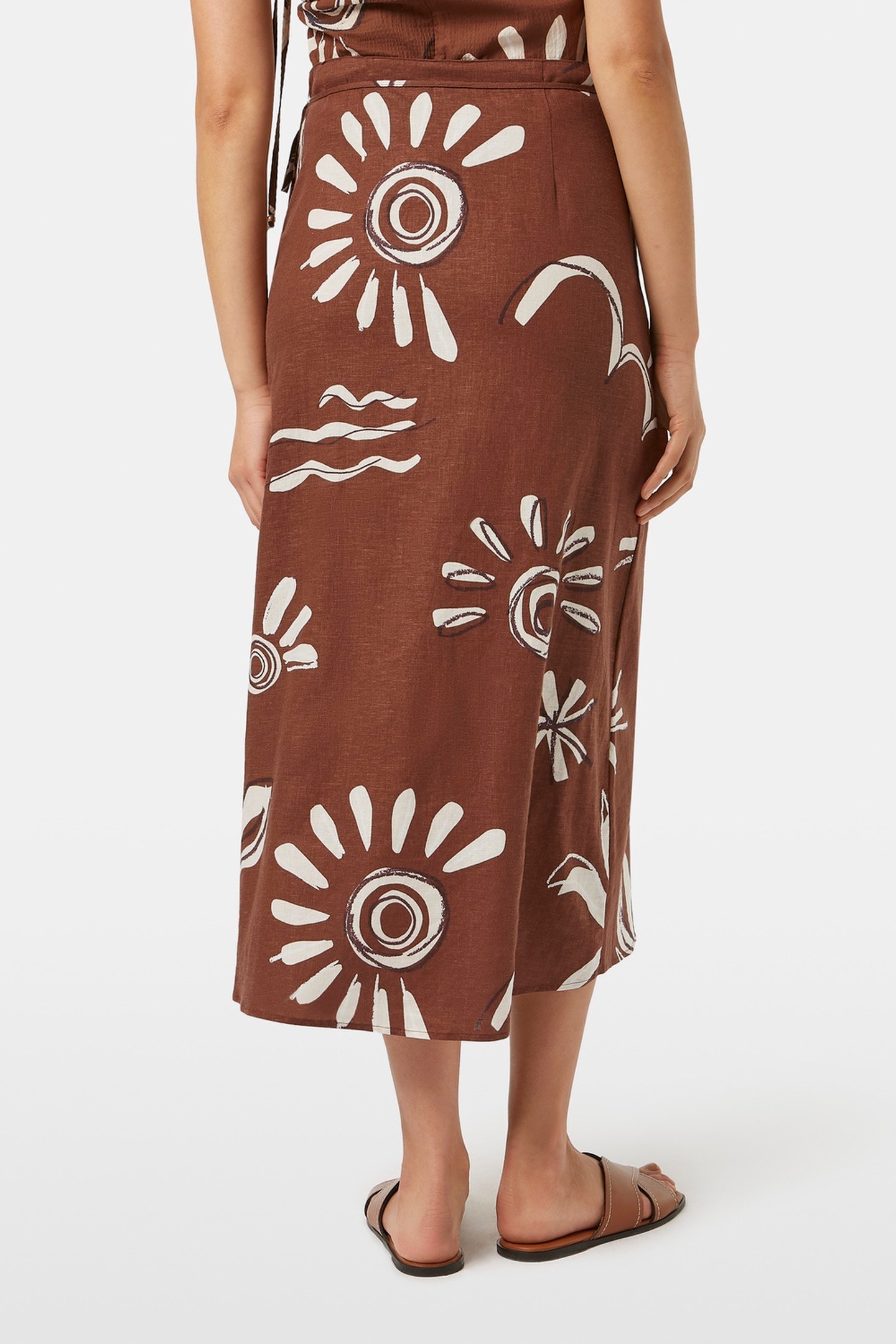 LINEN BLEND PRINTED WRAP SKIRT INKY SUN BROWN 4