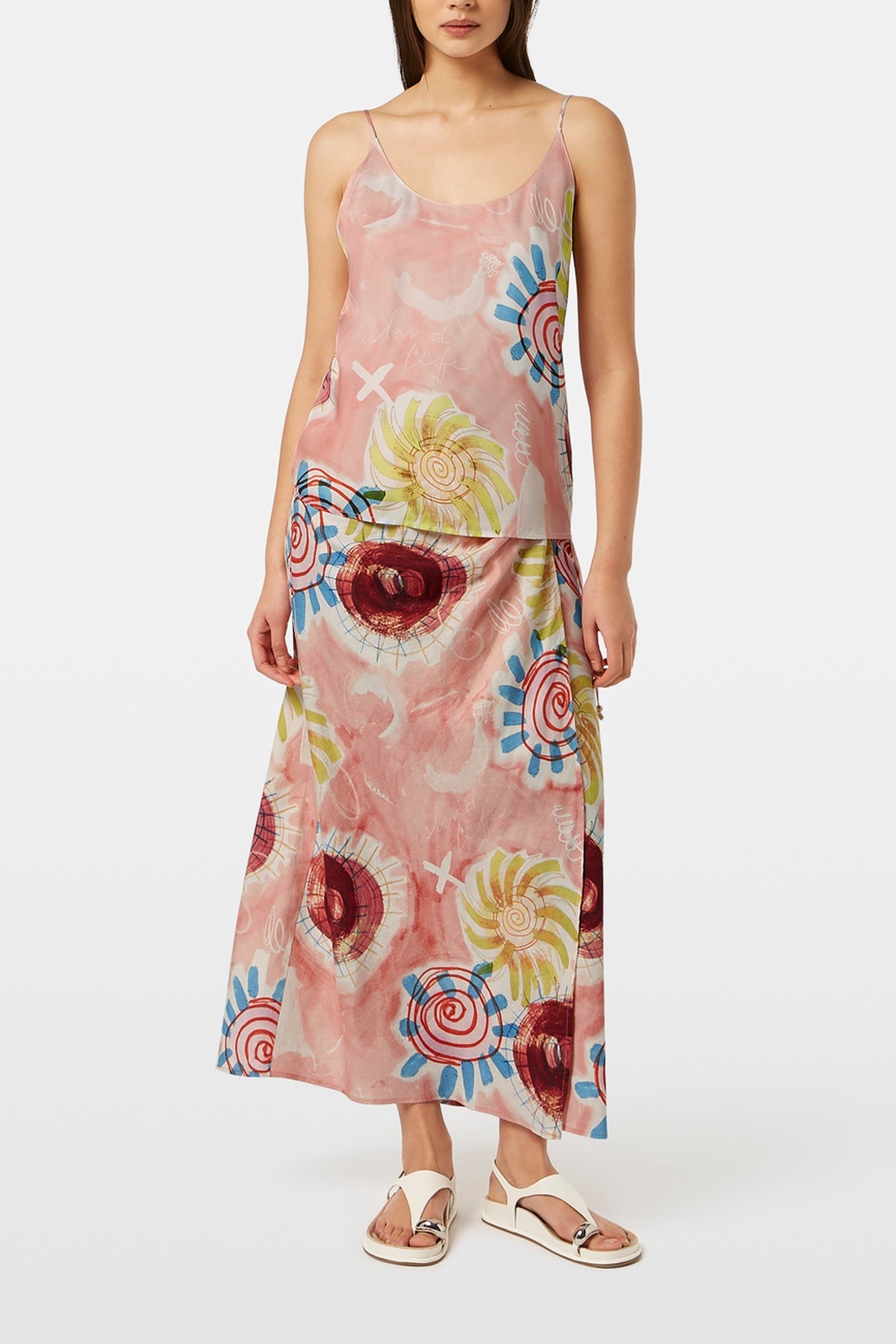 LINEN BLEND PRINTED WRAP SKIRT ABSTRACT SUN PINK 1