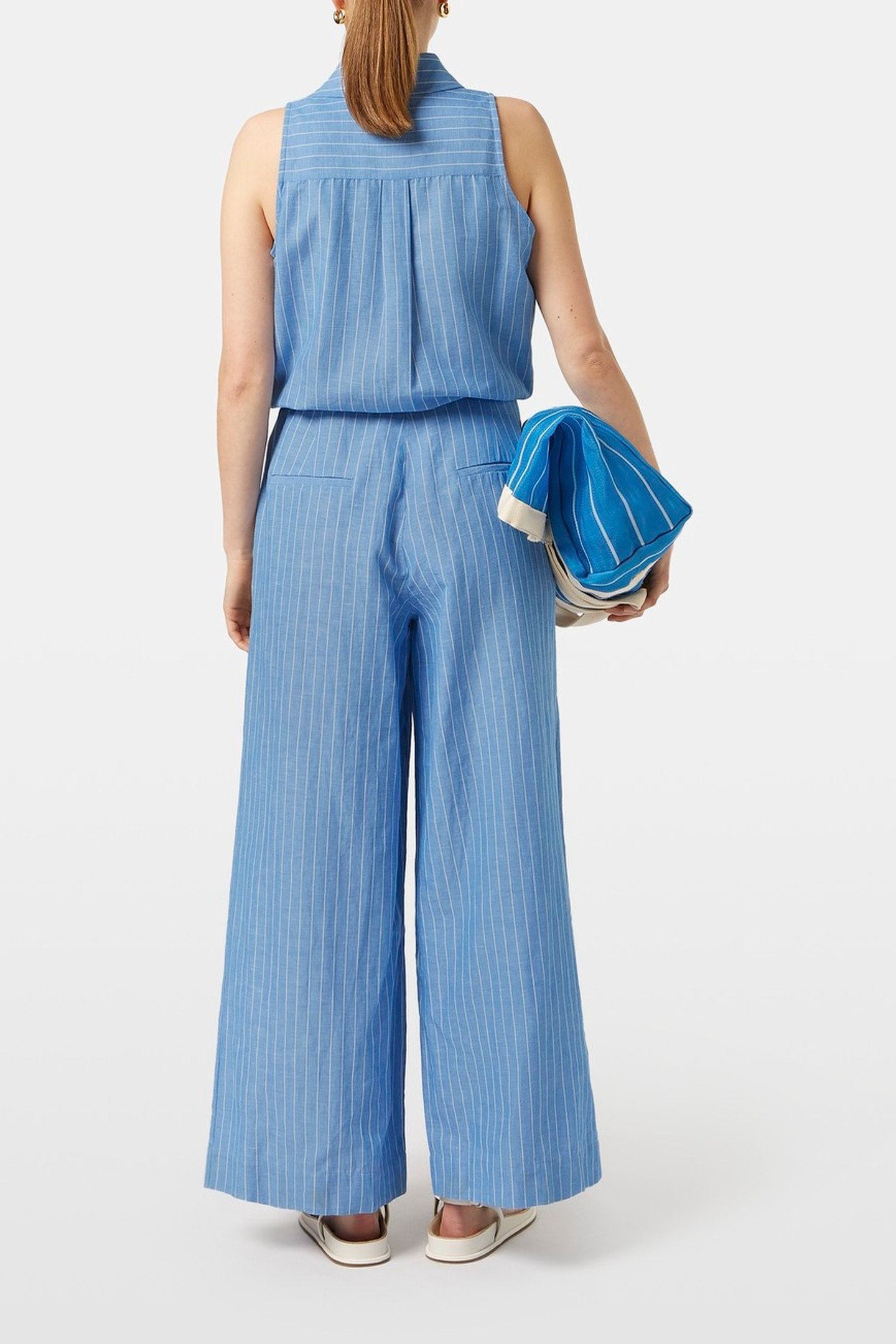 HALTER LINEN JUMPSUIT BLUE AND WHITE PIN STRIPE 3