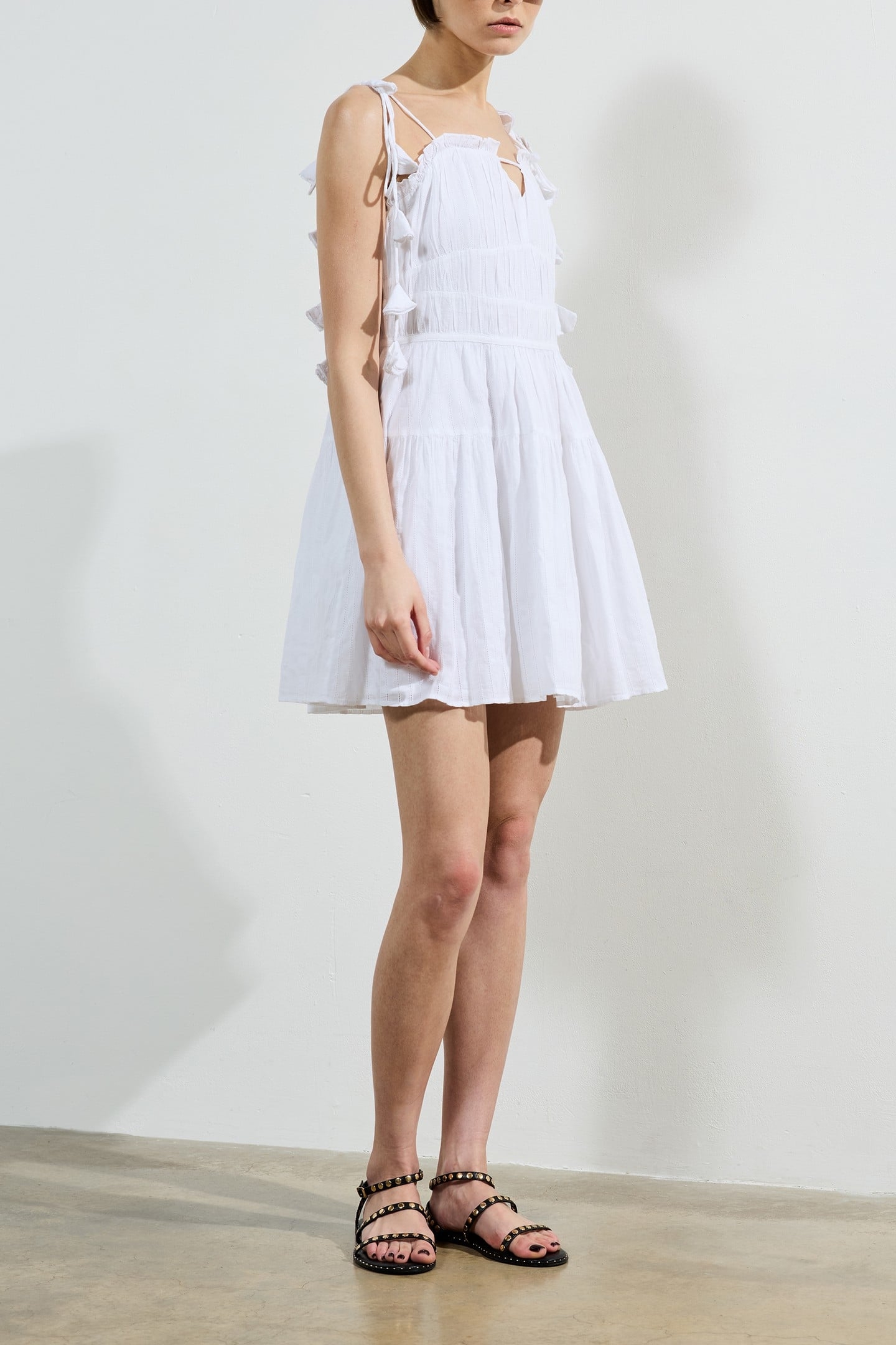 AMRA COTTON GATHERED MIDI DRES LINEN WHITE 1