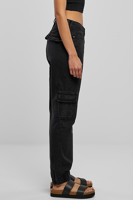 LADIES ORGANIC STRETCH DENIM CARGO PANTS BLACK WASHED 6