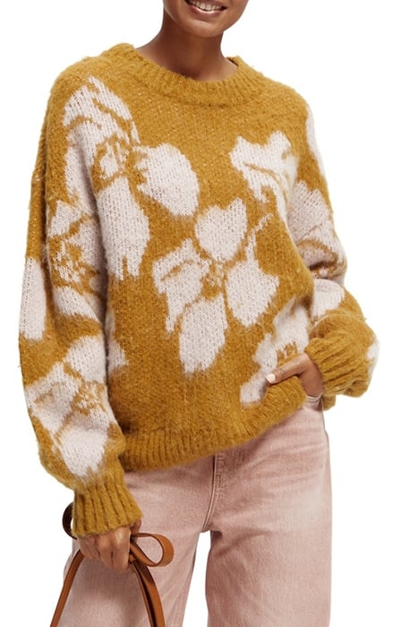 BRUSHED ABSTRACT FLORAL PULLOVER CARAMEL 5