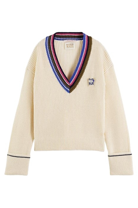 COLOURED TRIM V-NECK PULLOVER WHITE SAND MELANGE 1