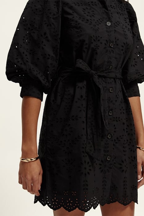 PUFF SLEEVE EMBROIDERED ORGANIC COTTON SHIRT DRESS BLACK 6
