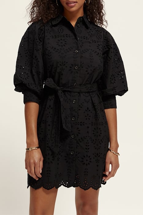 PUFF SLEEVE EMBROIDERED ORGANIC COTTON SHIRT DRESS BLACK 2