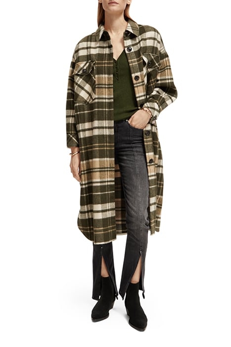 WOOL BLEND CHECKED LONG SHIRT JACKET FIELD GREEN 3