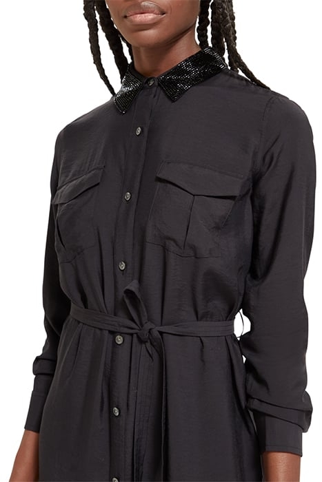 BEADED COLLAR MIDI SHIRT DRESS EVENING BLACK 7