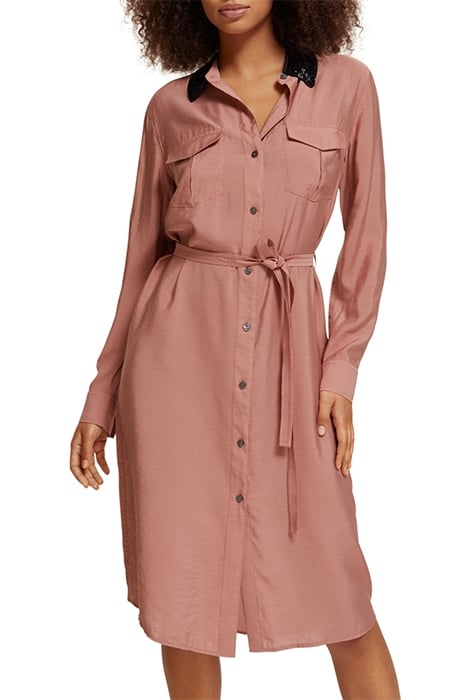 BEADED COLLAR MIDI SHIRT DRESS DUSTY ROSE 1
