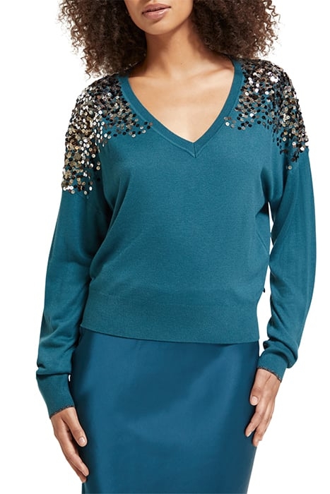 EMBELLISHED SHOULDER V NECK PULLOVER DARK TEAL 1