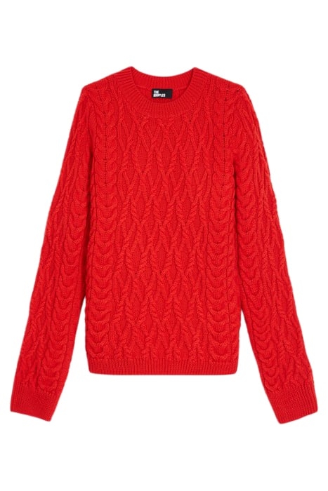 ROUND-NECK CABLE WOOL SWEATER TANGO RED 5