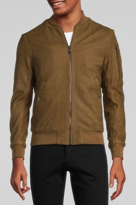 BEIGE LEATHER BOMBER JACKET WITH ZIPPED POCKETS BEIGE 1