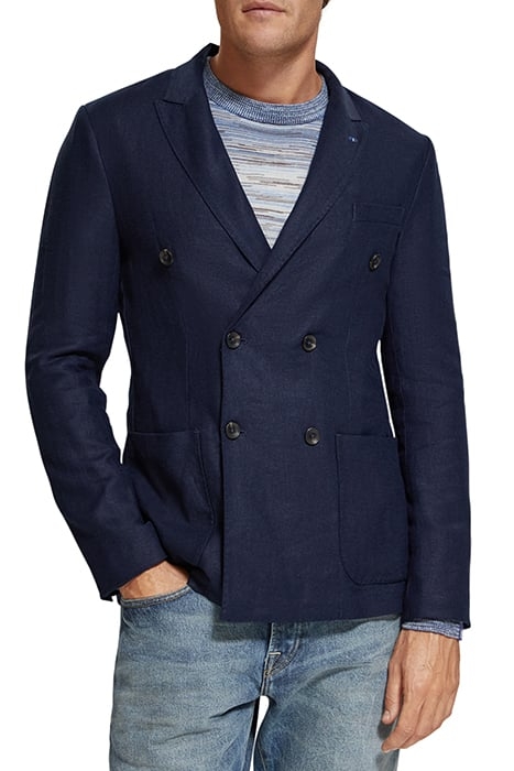 LINEN BLEND HERRINGBONE DOUBLE BREASTED BLAZER NAVY BLUE 1