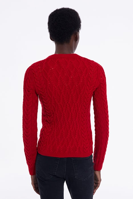 ROUND-NECK CABLE WOOL SWEATER TANGO RED 2