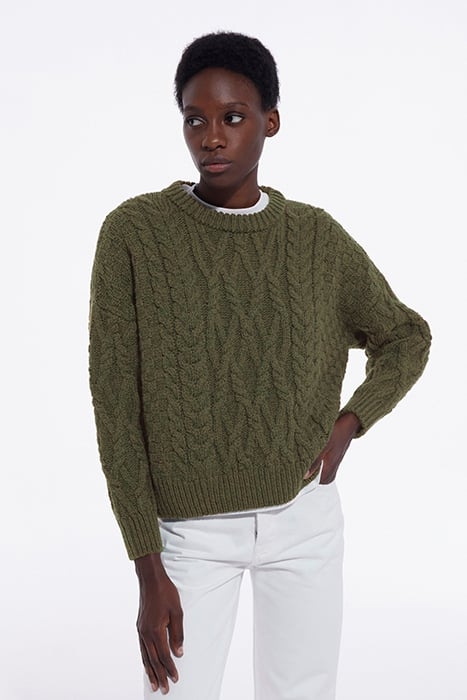 ROUND-NECK CABLE WOOL SWEATER KAKI 1