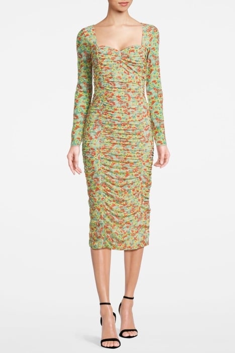 PRINTED MESH RUCHED MIDI DRESS MEADOW CELADON GREEN 1