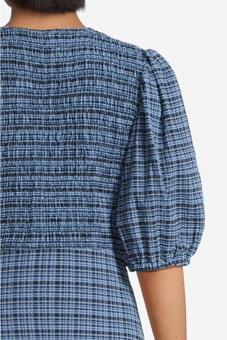 STRETCH SEERSUCKER SMOCK DRESS MINI CHECK GRANADA SKY 4