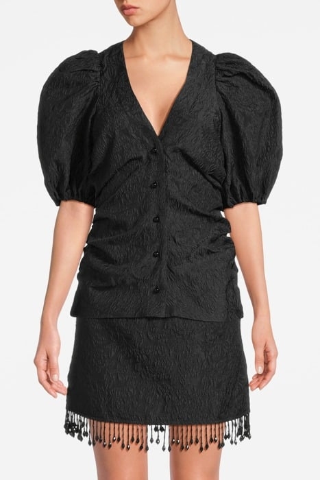 JACQUARD ORGANZA GATHERED V-NECK BLOUSE BLACK 1