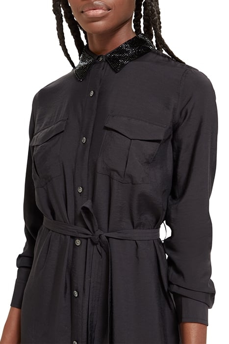 BEADED COLLAR MIDI SHIRT DRESS EVENING BLACK 7