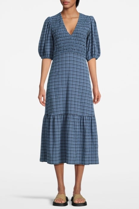 STRETCH SEERSUCKER SMOCK DRESS MINI CHECK GRANADA SKY 1