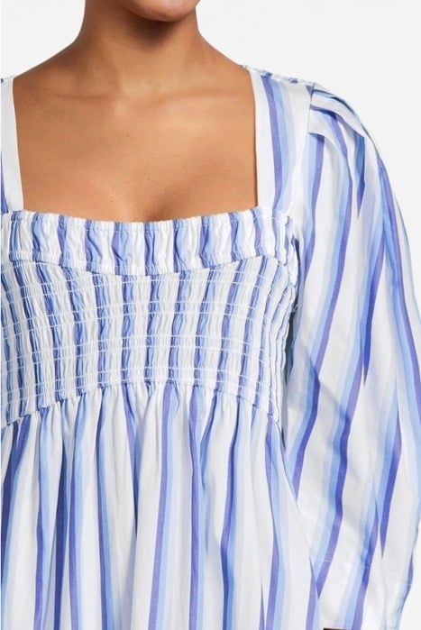 STRIPE COTTON OPEN-NECK SMOCK LONG DRESS SILVER LAKE BLUE 4