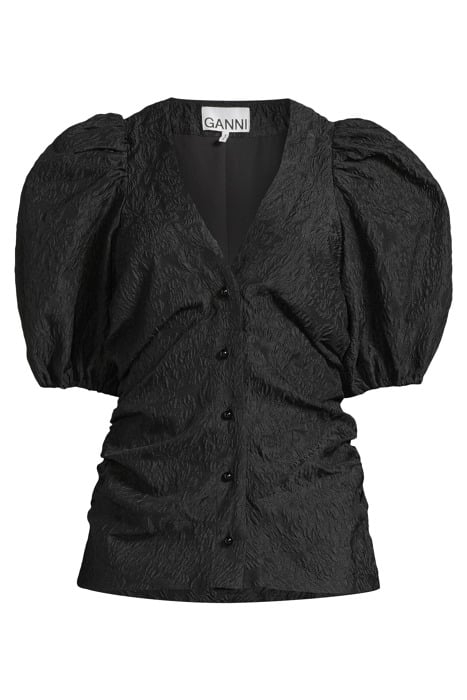 JACQUARD ORGANZA GATHERED V-NECK BLOUSE BLACK 3