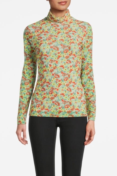 PRINTED MESH LONG SLEEVE FITTED ROLLNECK MEADOW CELADON GREE 1