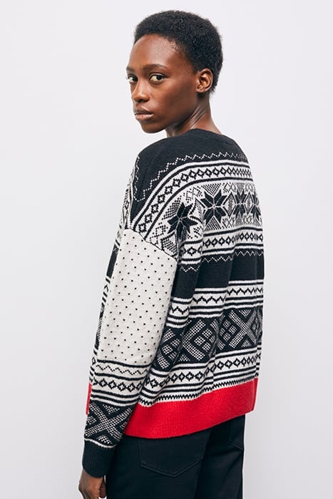 PULL COL ROND JACQUARD AVEC RIB CONTRASTE BLACK RED OFF WHIT 5