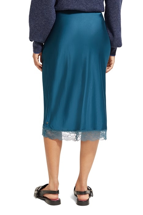 SATIN HIGH RISE MIDI SKIRT WITH LACE DETAIL DARK TEAL 2