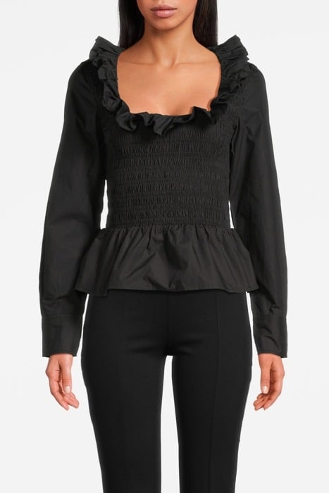 COTTON POPLIN OPEN-NECK SMOCK BLOUSE BLACK 1