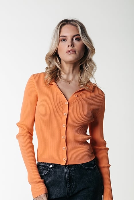 NORI FINE KNIT CROPPED LONGSLEEVE POLO TANGERINE 1