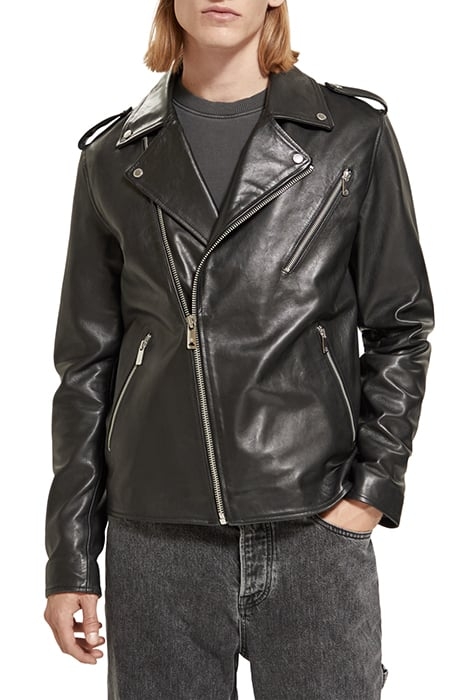 PLACEMENT PRINT LEATHER BIKER JACKET BLACK 1