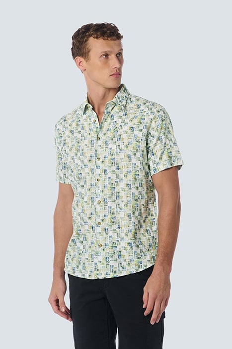 SHIRT SHORT SLEEVE ALLOVER PRINTED WITH LINEN AQUA 1